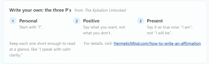 The three P's panel in the desktop app's New deck screen: personal, positive, present.